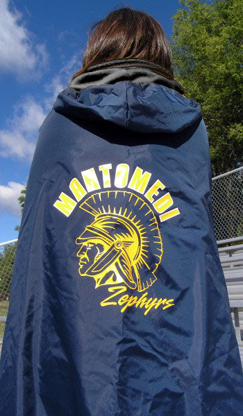 The back of a woman wearing a Navy Ultimate SportsWrap personalized with a school logo.